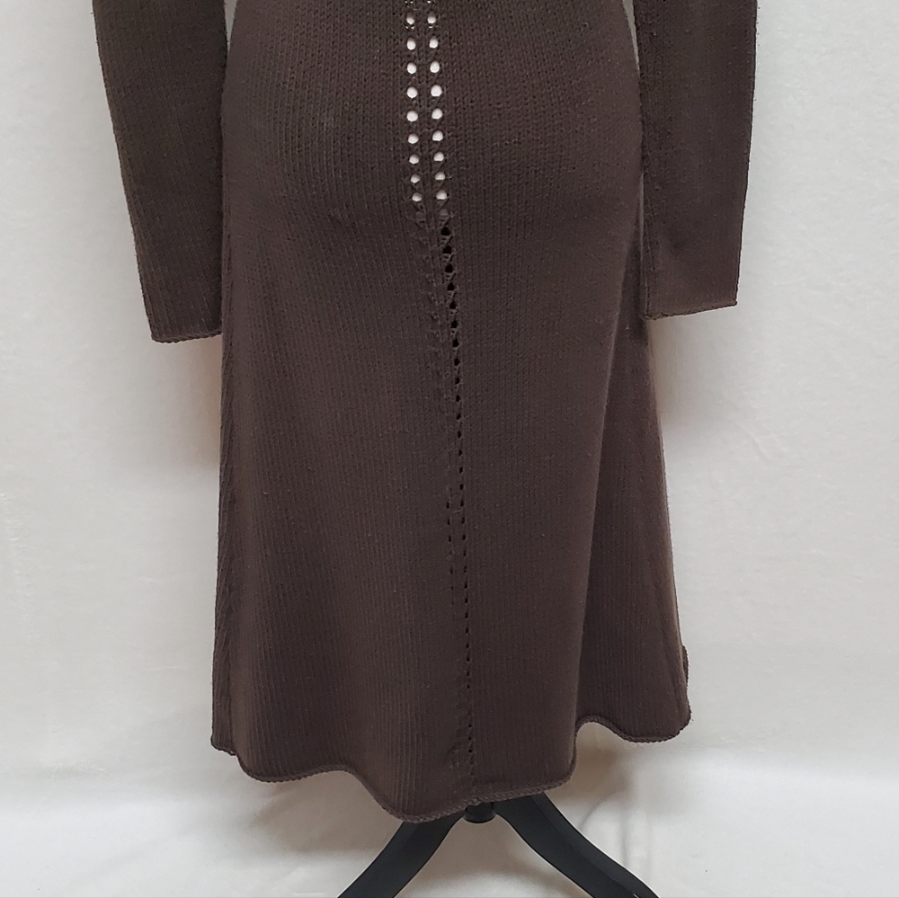 Rare Vintage 90s Max Studio Chocolate Brown Braided Detail Maxi Duster Cardigan - Picture 13 of 14